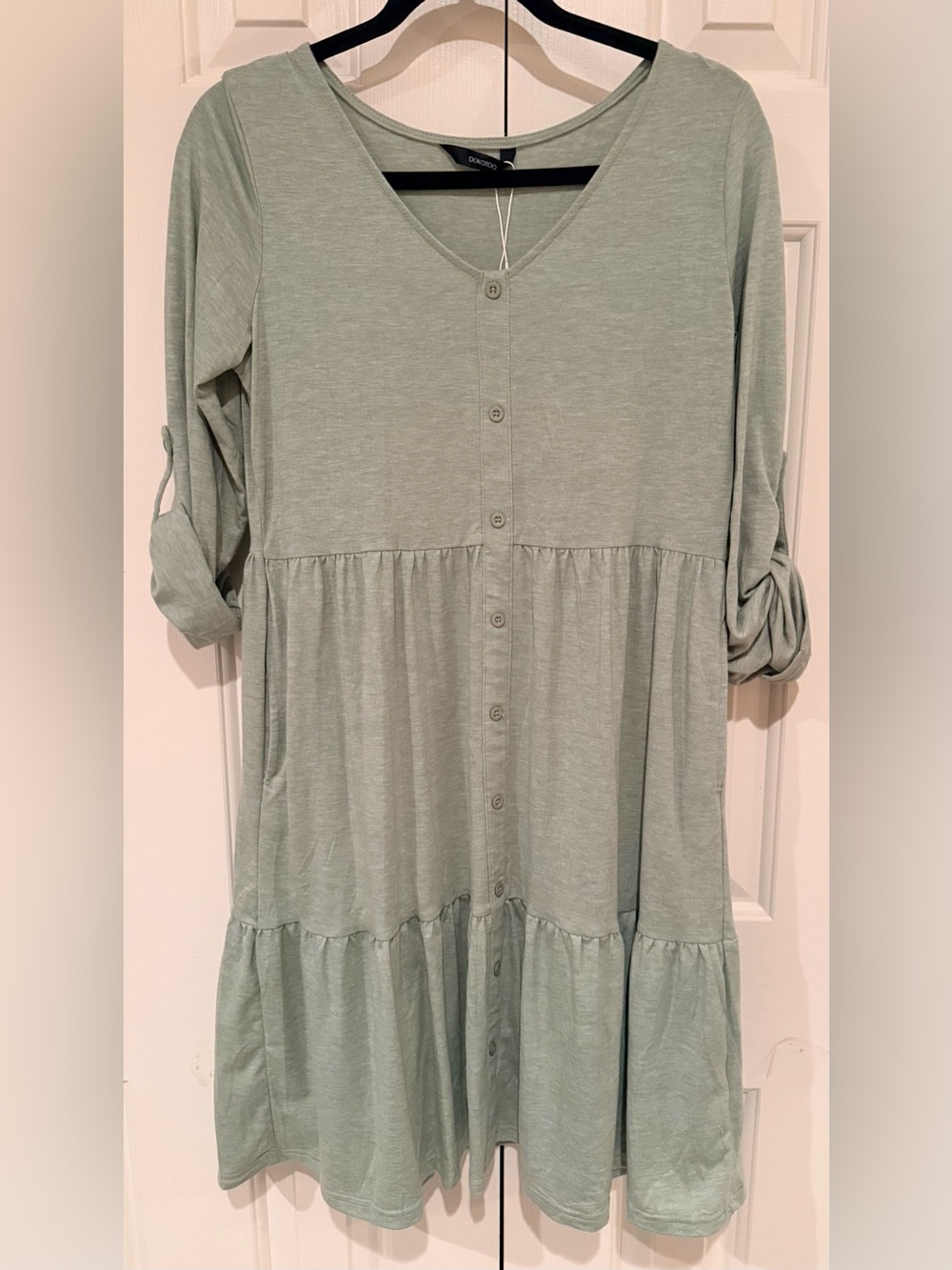 Dokotoo Soft Sage Green Midi Dress Rolled Sleeves